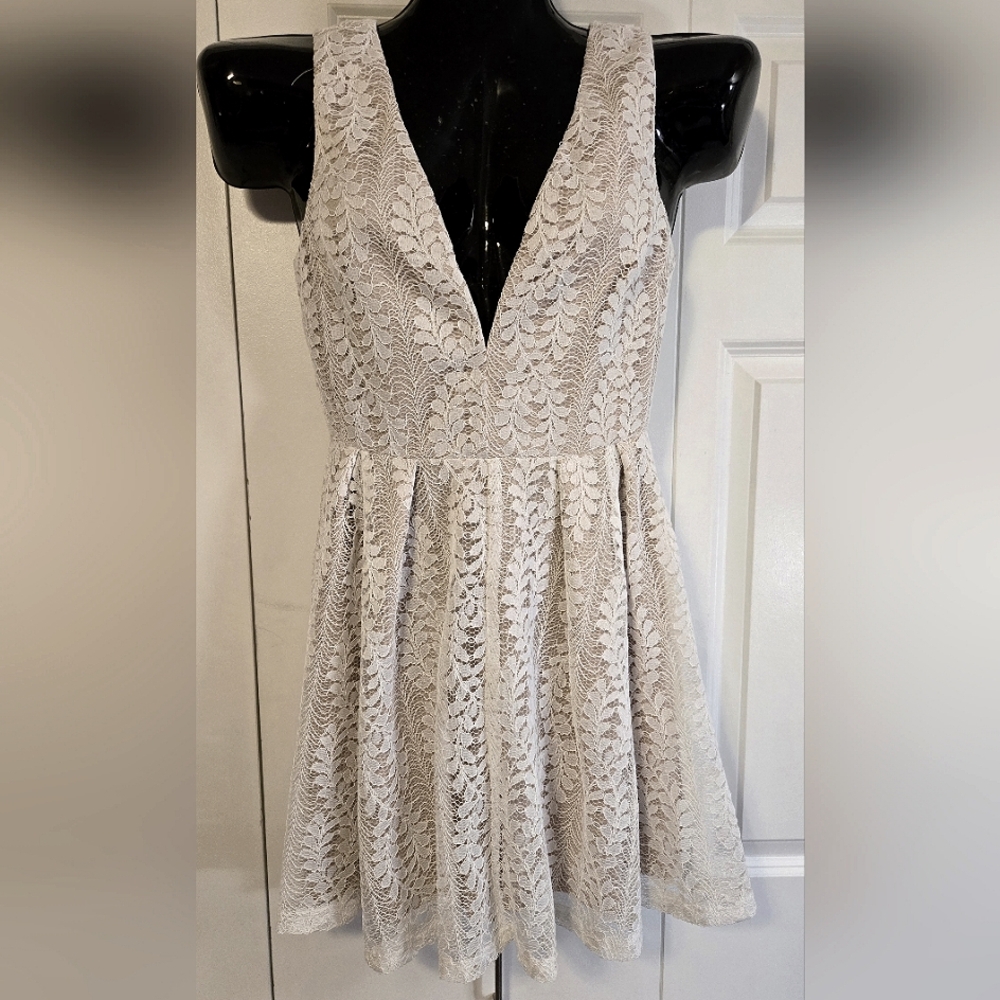 Elegant Cream & White, Lace, Low Neck, A-line, knee length, Boho or Bridal dress
